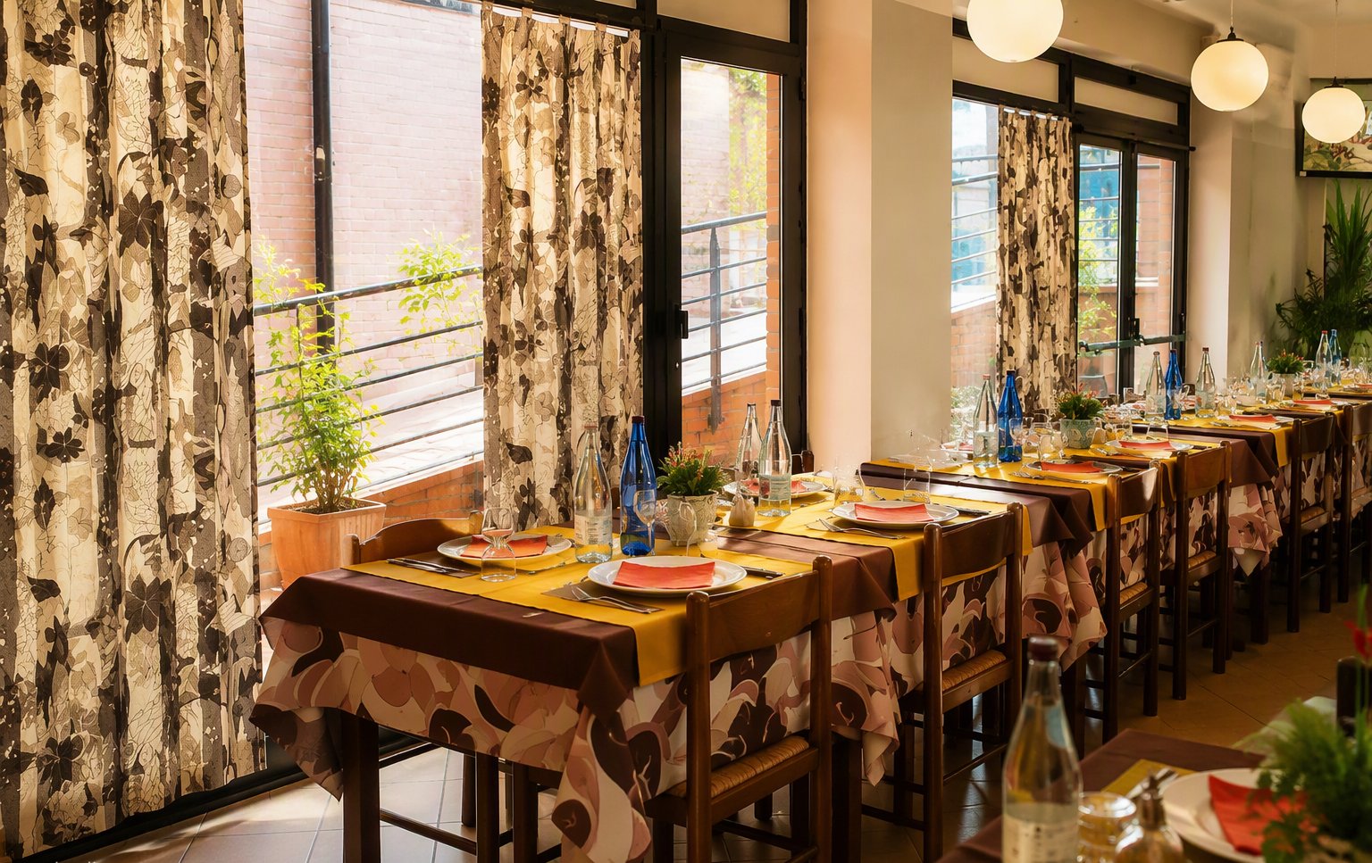 La sala lungo le finestre con le tende a fiori