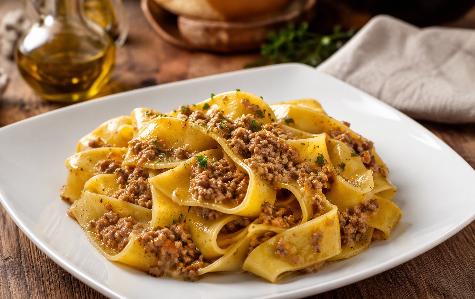 I pici all'anatra con il ragù ricco sopra la pasta
