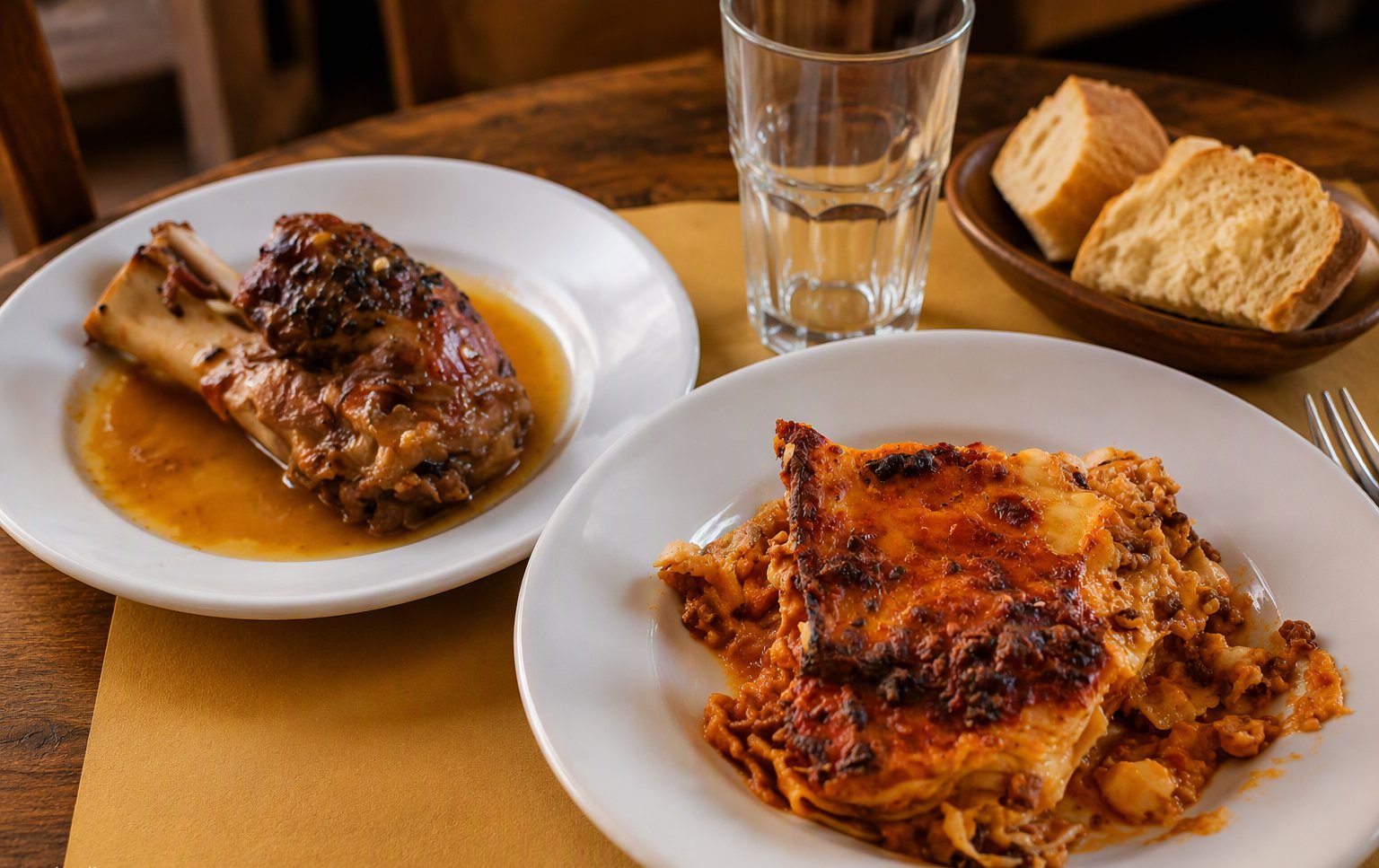 Le lasagne al forno con la crosticina dorata e lo stinco brasato